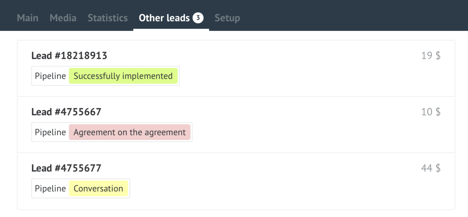 Other leads tab in the lead card